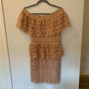 Boohoo Occasion off the shoulder lace tiered nude dress size 6